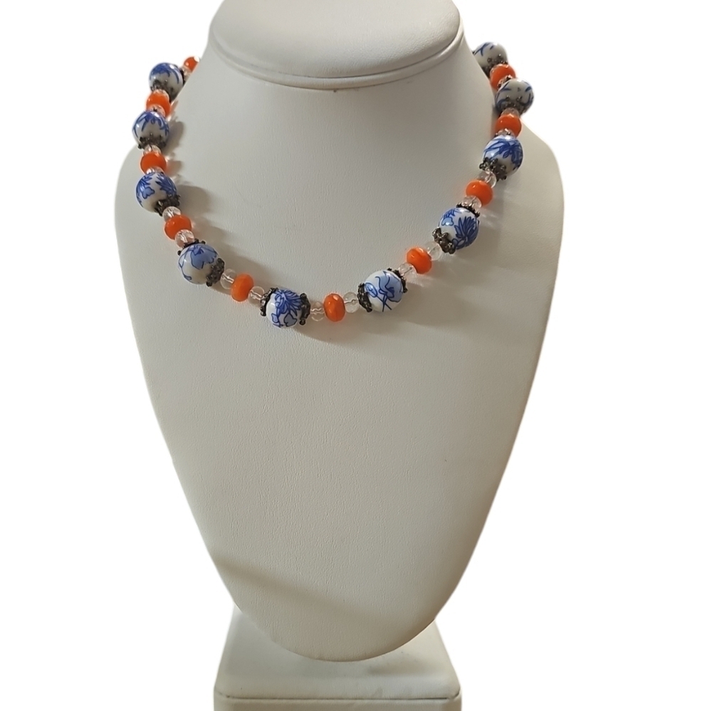 Chinese Cloissone Cinnabar Porcelain and Glass beads Necklace